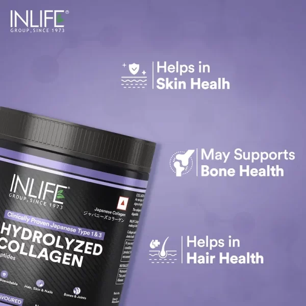 INLIFE Hydrolyzed Collagen Peptides Powder Clinically Proven Ingredient, Type 1 & 3, Skin Health, Bone Health Supplement - 200 mg (Unflavoured) - Imagen 3