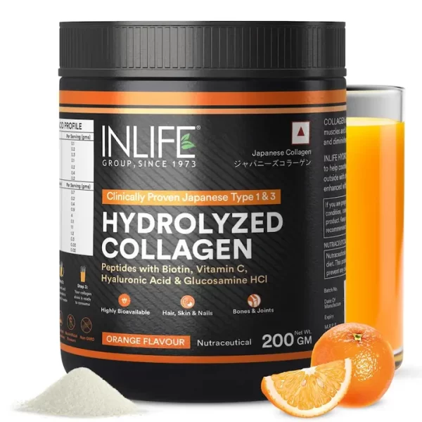 INLIFE Hydrolysed Collagen Peptides Supplement with Glucosamine, Hyaluronic Acid, Vitamin C, Biotin (200 mg)