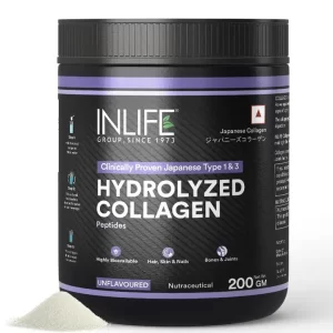 INLIFE Hydrolyzed Collagen Peptides Powder Clinically Proven Ingredient, Type 1 & 3, Skin Health, Bone Health Supplement - 200 mg (Unflavoured)