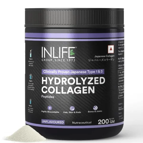 INLIFE Hydrolyzed Collagen Peptides Powder Clinically Proven Ingredient, Type 1 & 3, Skin Health, Bone Health Supplement - 200 mg (Unflavoured)