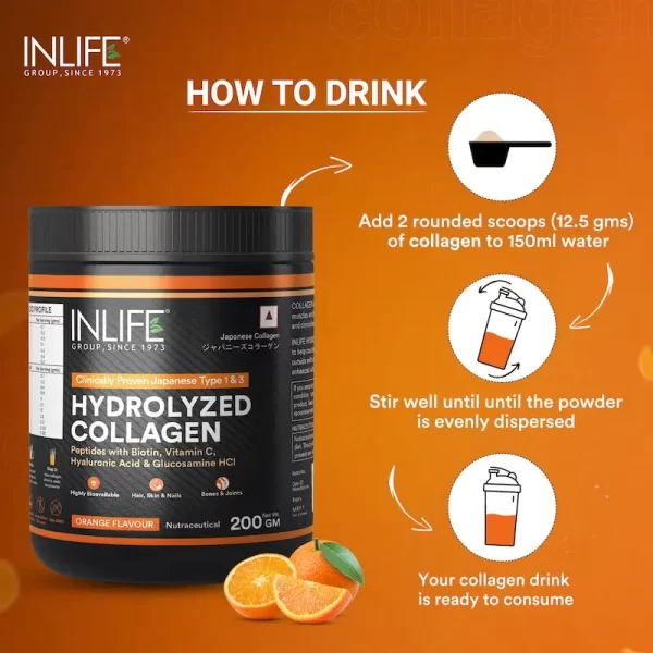INLIFE Hydrolysed Collagen Peptides Supplement with Glucosamine, Hyaluronic Acid, Vitamin C, Biotin (200g) - Imagen 3