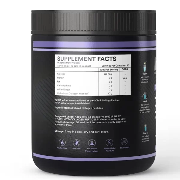 INLIFE Hydrolyzed Collagen Peptides Powder Clinically Proven Ingredient, Type 1 & 3, Skin Health, Bone Health Supplement - 200 mg (Unflavoured) - Imagen 2