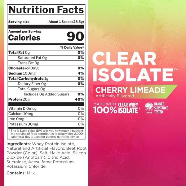 Rule One Proteins Clear Isolate - 20g All-whey Isolate Protein, Over 9g EAAs, 300mg of Electrolyte Minerals, 90 Calories, Light, Crisp, and Refreshing Taste (27 Servings, Cherry Limeade) - Imagen 2