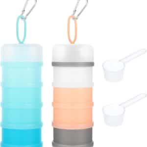2 Pcs Protein Powder Container with Funnels Stand, 2 Stackable Protein Powder Dispenser with 2 Portable Keychain Supplement Container & Dispenser for Workout, Fitness, Travel (2 Color)