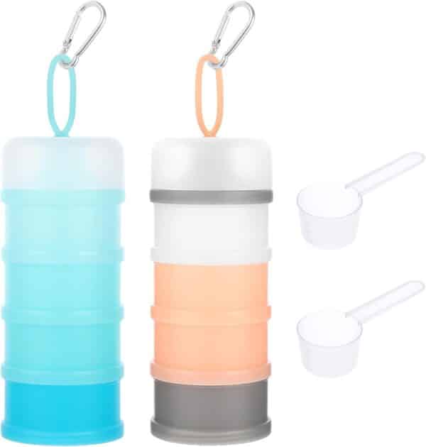 2 Pcs Protein Powder Container with Funnels Stand, 2 Stackable Protein Powder Dispenser with 2 Portable Keychain Supplement Container & Dispenser for Workout, Fitness, Travel (2 Color)