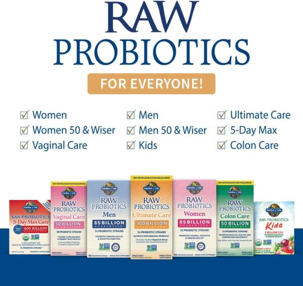Garden of Life Raw Probiotics - 100 Billion CFU, Shelf Stable, 30 Capsules - for Men and Women, Digestive Enzymes, Clinically Studied Strains - Imagen 3