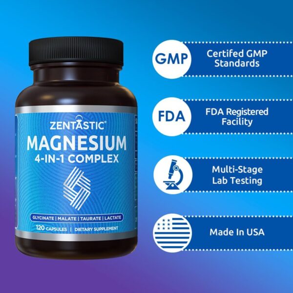 Zentastic 4-in-1 Magnesium Complex - Chelated Magnesium Glycinate, Malate, Taurate & Lactate - High Absorption for Nerves, Immune, Bones, Muscles - Magnesium Supplement - 120 Magnesium Capsules - Image 4