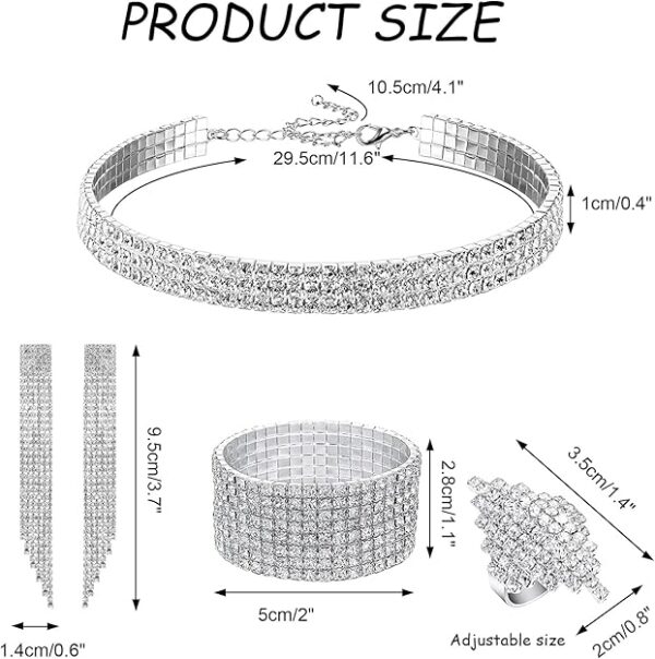 PHOGARY Women Rhinestone Jewelry Set with Rhinestone Stretch Bracelet Bangle Crystal Rhinestone Necklace Ring Dangle Fringe Earrings for Women Costume Jewelry Bridal Jewelry Fashion Jewelry Sets - Imagen 3