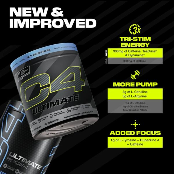 Cellucor C4 Ultimate Pre Workout Powder - Sugar Free Preworkout Energy Supplement for Men & Women - 300mg Caffeine + TeaCrine + Dynamine + Creatine - ICY Blue Razz, 20 Servings - Imagen 5