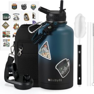64 oz Insulated Water Bottle with Straw (Cold for 48 Hrs), Half Gallon Stainless Steel Triple Wall Vacuum Sports Water Jug, Leakproof Hydro Cup Flask with Straw Spout Lids & DIY Stickers