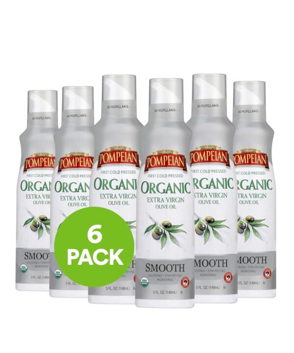 Pompeian USDA Certified Organic Smooth Extra Virgin Olive Oil Non-Stick Cooking Spray, First Cold Pressed, Delicate Flavor, Perfect for Sautéing & Stir-Frying, No Propellants, 5 FL. OZ.,(Pack of 6)