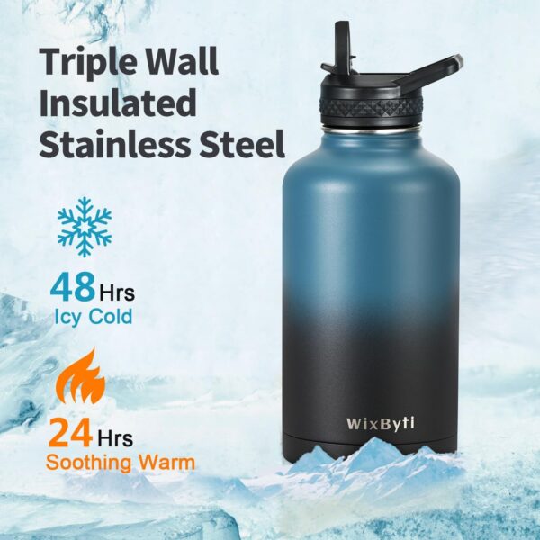 64 oz Insulated Water Bottle with Straw (Cold for 48 Hrs), Half Gallon Stainless Steel Triple Wall Vacuum Sports Water Jug, Leakproof Hydro Cup Flask with Straw Spout Lids & DIY Stickers - Image 2