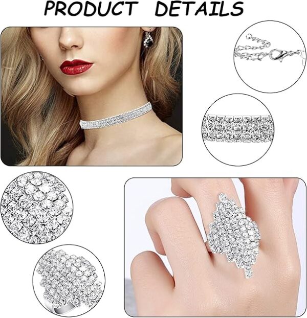 PHOGARY Women Rhinestone Jewelry Set with Rhinestone Stretch Bracelet Bangle Crystal Rhinestone Necklace Ring Dangle Fringe Earrings for Women Costume Jewelry Bridal Jewelry Fashion Jewelry Sets - Imagen 2