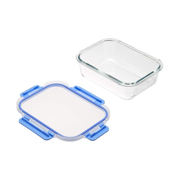 Amazon Basics Glass Food Storage Containers with Locking Lids, Set of 7, 14 pieces including lids, BPA-Free, clear with blue silicone ring - Imagen 3