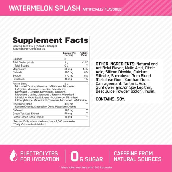 Optimum Nutrition Amino Energy Powder Plus Hydration, with BCAA, Electrolytes, and Caffeine, Watermelon Splash, 30 Servings (Packaging May Vary) - Image 5