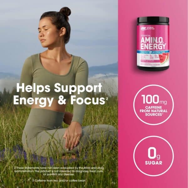 Optimum Nutrition Amino Energy Powder Plus Hydration, with BCAA, Electrolytes, and Caffeine, Watermelon Splash, 30 Servings (Packaging May Vary) - Image 4