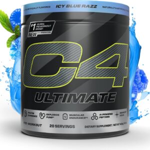 Cellucor C4 Ultimate Pre Workout Powder - Sugar Free Preworkout Energy Supplement for Men & Women - 300mg Caffeine + TeaCrine + Dynamine + Creatine - ICY Blue Razz, 20 Servings
