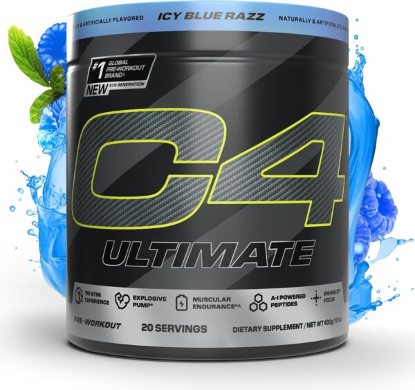Cellucor C4 Ultimate Pre Workout Powder - Sugar Free Preworkout Energy Supplement for Men & Women - 300mg Caffeine + TeaCrine + Dynamine + Creatine - ICY Blue Razz, 20 Servings