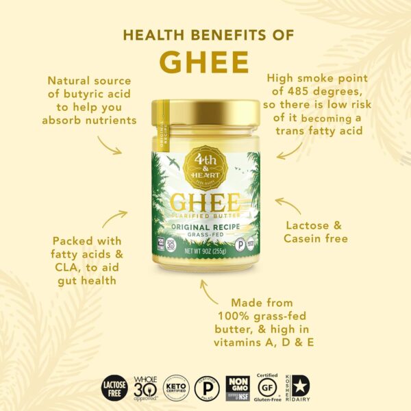 4th & Heart Original Grass-Fed Ghee, Clarified Butter, Keto, Pasture Raised, Lactose and Casein Free, Certified Paleo (9 Ounces) - Imagen 2