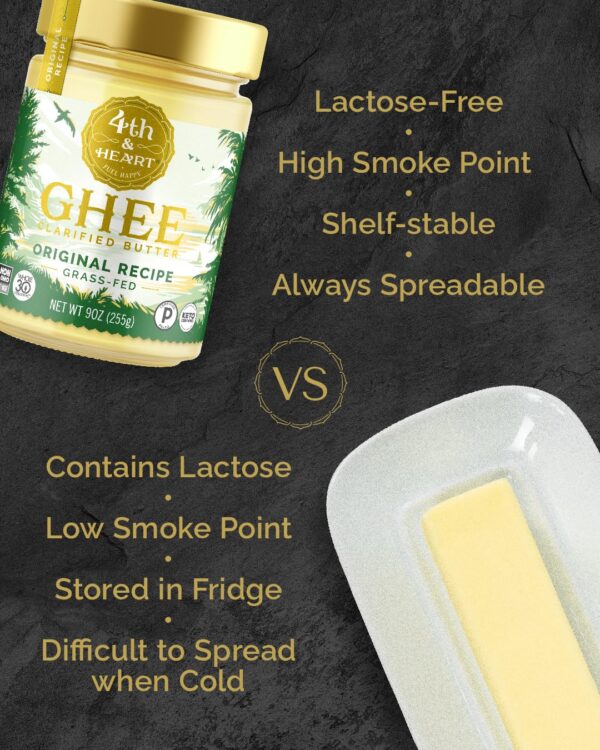 4th & Heart Original Grass-Fed Ghee, Clarified Butter, Keto, Pasture Raised, Lactose and Casein Free, Certified Paleo (9 Ounces) - Imagen 3