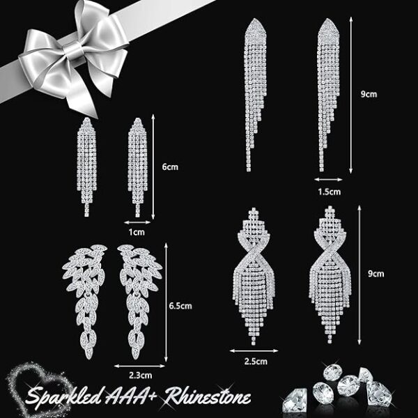 THUNARAZ 4 Pairs Silver Clip on Earrings for Women, Sparkly Rhinestone Tassel Chandelier Teardrop Dangle Earrings for Brides Bridesmaids Non Pierced Prom Jewelry Set - Image 3