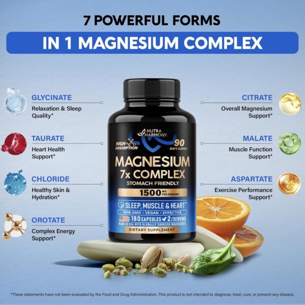 Magnesium Complex - Glycinate | Citrate | Malate | Taurate | Chloride | Aspartate | Orotate - Made in USA - 7 in 1 Supplement for Sleep, Muscle & Heart Support - Vegan & Natural - 3 Month Supply - Image 4