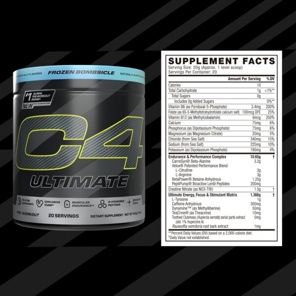 Cellucor C4 Ultimate Pre Workout Powder - Sugar Free Preworkout Energy Supplement for Men & Women - 300mg Caffeine + TeaCrine + Dynamine + Creatine - ICY Blue Razz, 20 Servings - Imagen 3