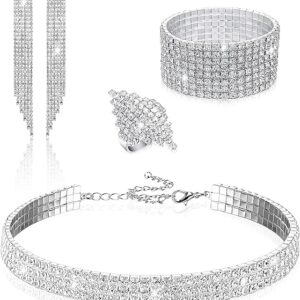 PHOGARY Women Rhinestone Jewelry Set with Rhinestone Stretch Bracelet Bangle Crystal Rhinestone Necklace Ring Dangle Fringe Earrings for Women Costume Jewelry Bridal Jewelry Fashion Jewelry Sets
