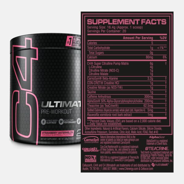 Cellucor C4 Ultimate Pre Workout Powder Watermelon - Sugar Free Preworkout Energy Supplement for Men & Women - 300mg Caffeine + 3.2g Beta Alanine + 2 Patented Creatines - 20 Servings - Image 3