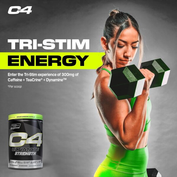 Cellucor C4 Ultimate Strength Pre Workout Powder - Tri-Stim Experience 300mg Caffeine+TeaCrine+Dynamine - Creatine & Beta-Alanine - Energy Supplement for Men & Women - Sour Green Apple, 20 Servings - Image 4