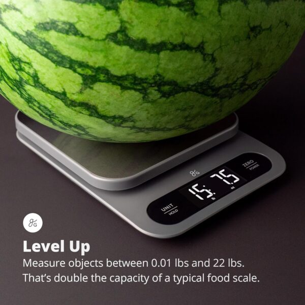 Greater Goods High Capacity Kitchen Scale, 10kg/22lb Capacity Food Scale for Bulk Cooking & Baking, Touch Controls, Hi-Def LCD, Stainless Steel Platform, Precise to 1g - Image 3