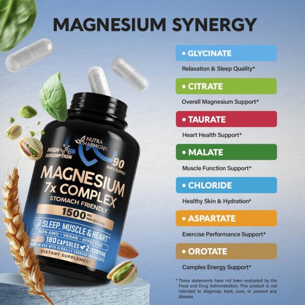 Magnesium Complex - Glycinate | Citrate | Malate | Taurate | Chloride | Aspartate | Orotate - Made in USA - 7 in 1 Supplement for Sleep, Muscle & Heart Support - Vegan & Natural - 3 Month Supply - Image 5