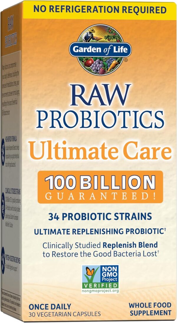 Garden of Life Raw Probiotics - 100 Billion CFU, Shelf Stable, 30 Capsules - for Men and Women, Digestive Enzymes, Clinically Studied Strains