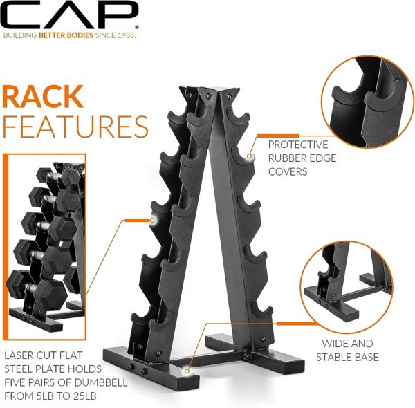 CAP Barbell 150 LB Coated Hex Dumbbell Weight Set with Vertical Rack, Black - Imagen 4