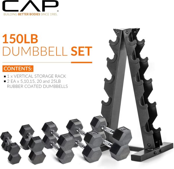 CAP Barbell 150 LB Coated Hex Dumbbell Weight Set with Vertical Rack, Black - Imagen 3