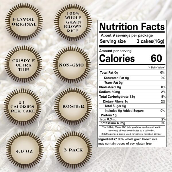 Ultra Thin Rice Cakes - Whole Grain Brown Rice Cakes Salted - Fat Free, Non GMO, Gluten Free Rice Cakes - Low Calorie Snacks - All Natural - 3 Pk - Imagen 3