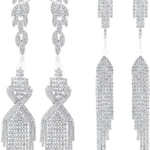 THUNARAZ 4 Pairs Silver Clip on Earrings for Women, Sparkly Rhinestone Tassel Chandelier Teardrop Dangle Earrings for Brides Bridesmaids Non Pierced Prom Jewelry Set
