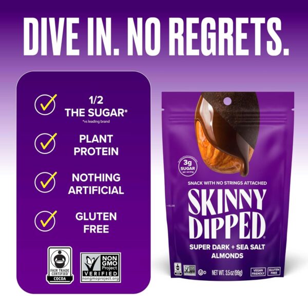 SkinnyDipped Super Dark Chocolate + Sea Salt Almonds, Vegan, Healthy Snack, Plant Protein, Gluten Free, 3.5 oz Resealable Bags, Pack of 5 - Image 2