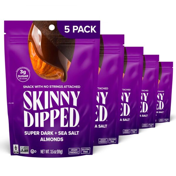 SkinnyDipped Super Dark Chocolate + Sea Salt Almonds, Vegan, Healthy Snack, Plant Protein, Gluten Free, 3.5 oz Resealable Bags, Pack of 5