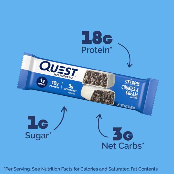 Quest Nutrition Crispy Cookies & Cream Hero Protein Bar, 18g Protein, 1g Sugar, 3g Net Carb, Gluten Free Protein Snack, Keto Friendly, 12 Count - Image 2