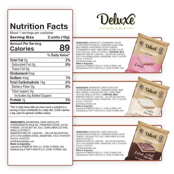 Deluxe & Bla Bla Chocolate Covered Rice Cakes 12 Pack – Whole Grain, Gluten-Free, Kosher Snack – Low-Calorie & Crunchy – Coated with Dark & White Chocolate & Strawberry Yogurt (19g Each) - Image 2